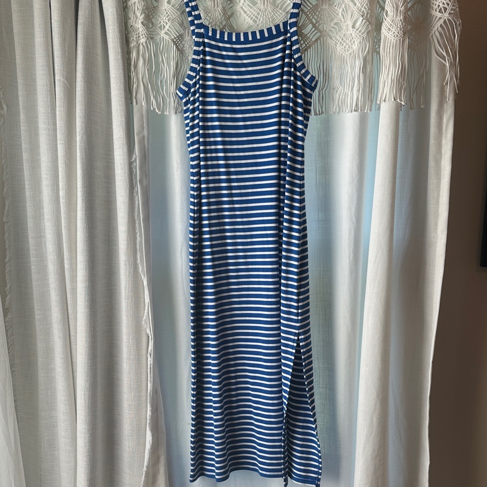 LOFT Navy and White Striped Maxi Dress